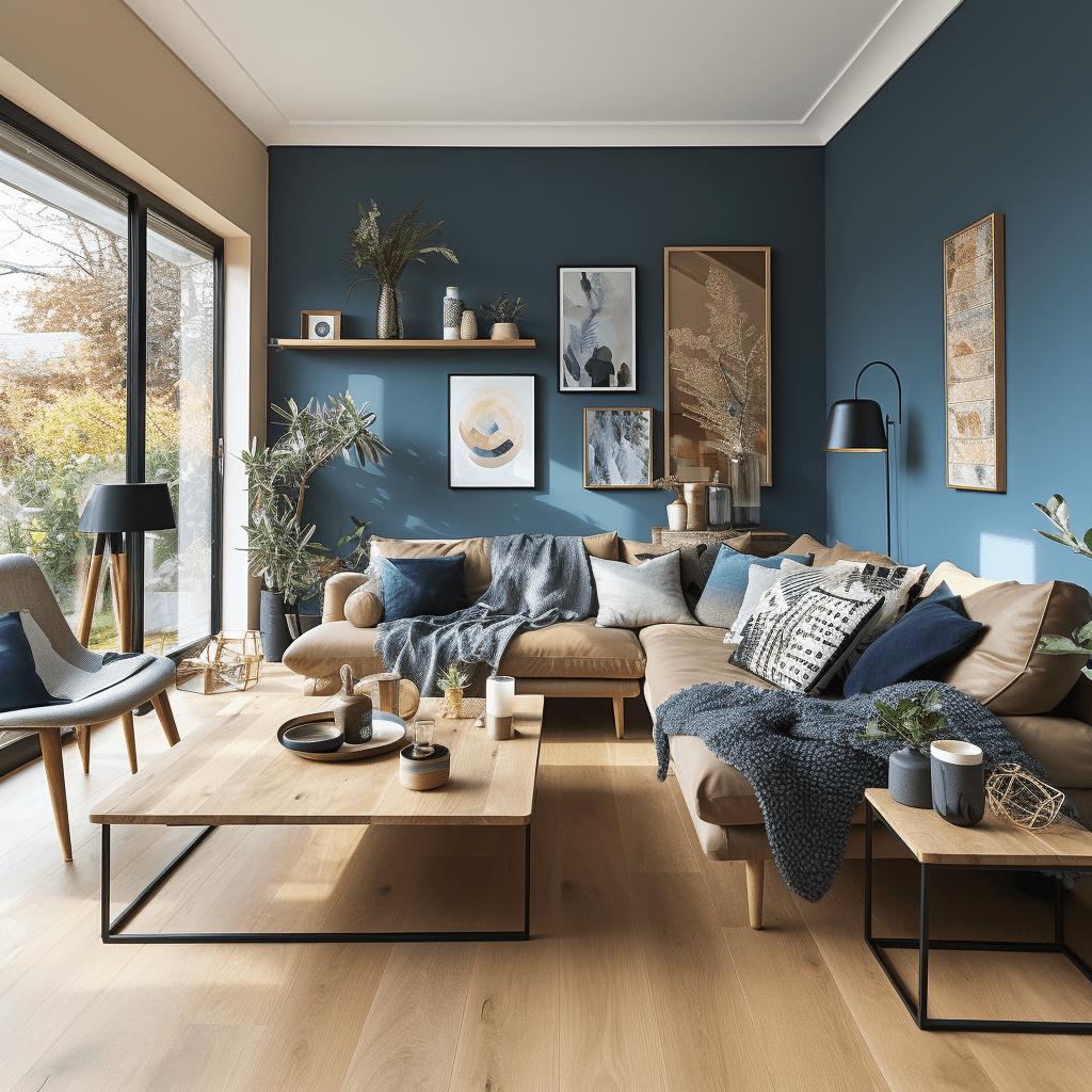 Wohnzimmer mit blauer Wandfarbe