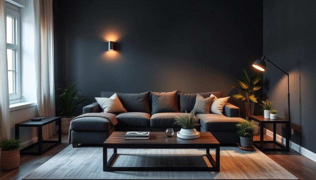 Elegantes Wohnzimmer dunkle Wandfarbe