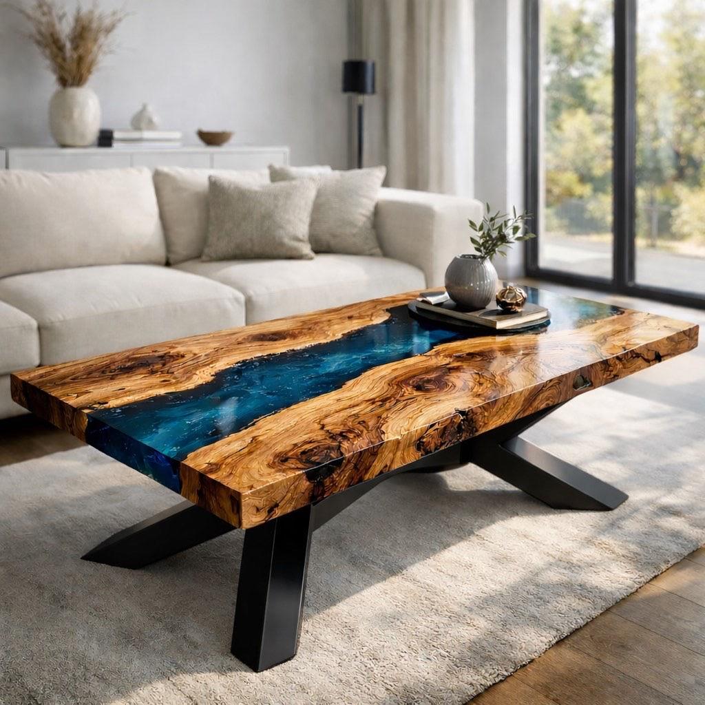 Blauer Epoxidharz Couchtisch mit Fluss