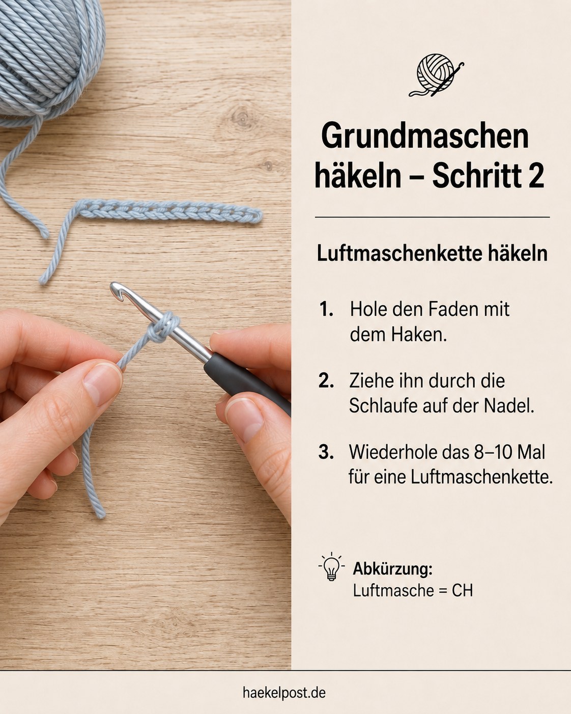 Luftmaschenkette wird gehäkelt, die Basis vieler Muster in dieser Grundmaschen Übersicht