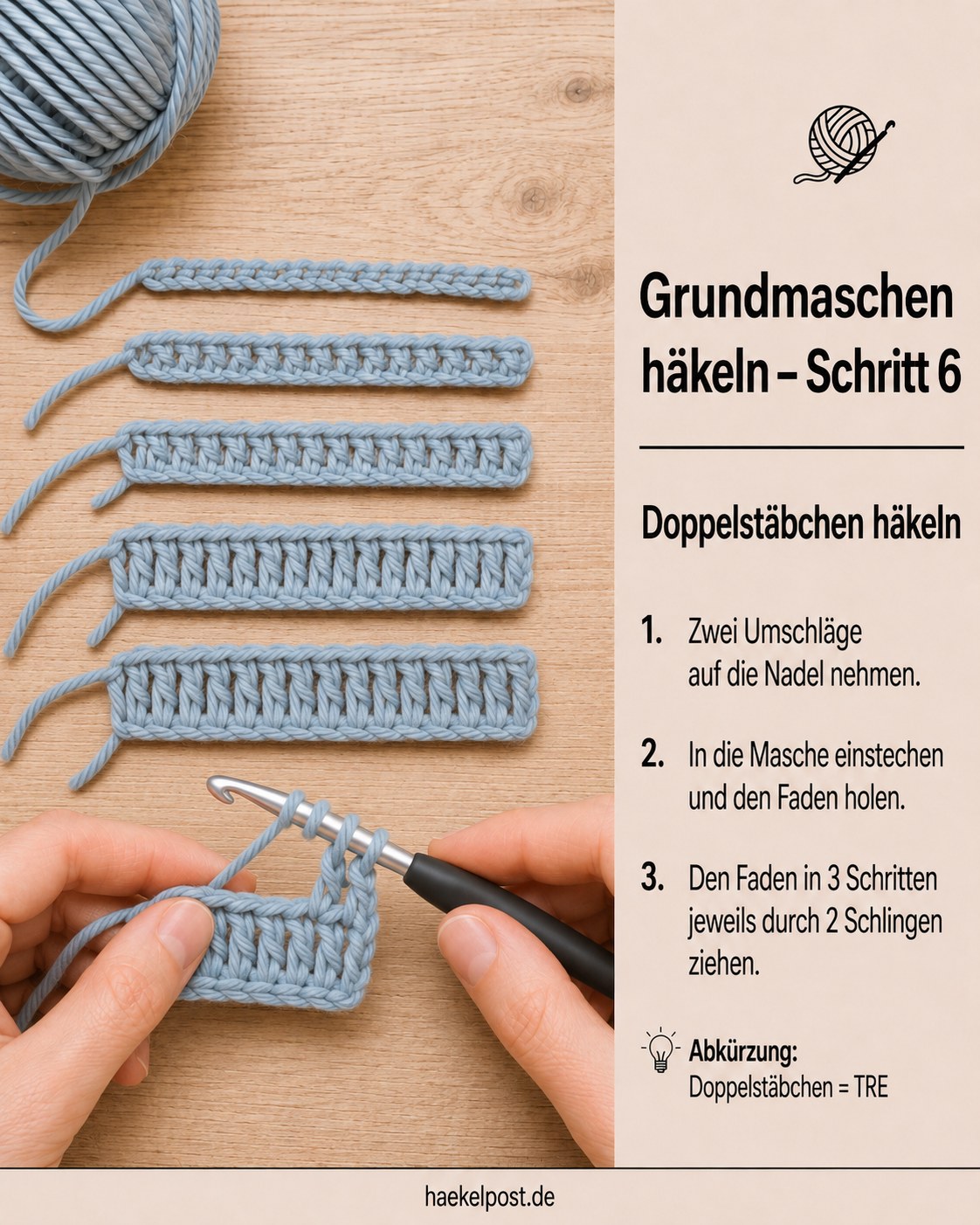 Doppelstäbchen mit zwei Umschlägen wächst zur höchsten Grundmasche der Übersicht heran
