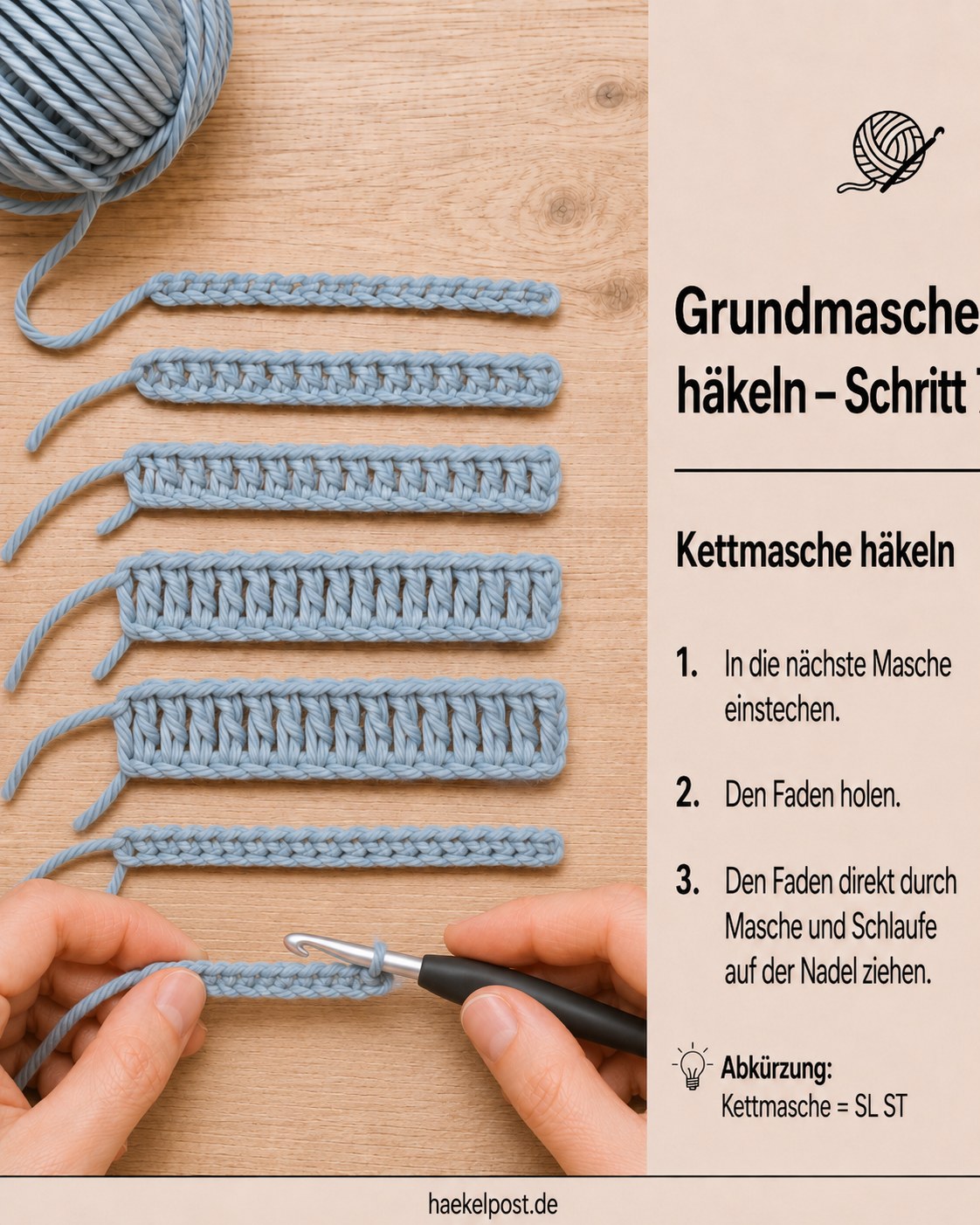 Kettmasche verbindet die letzte Masche unauffällig mit der Runde