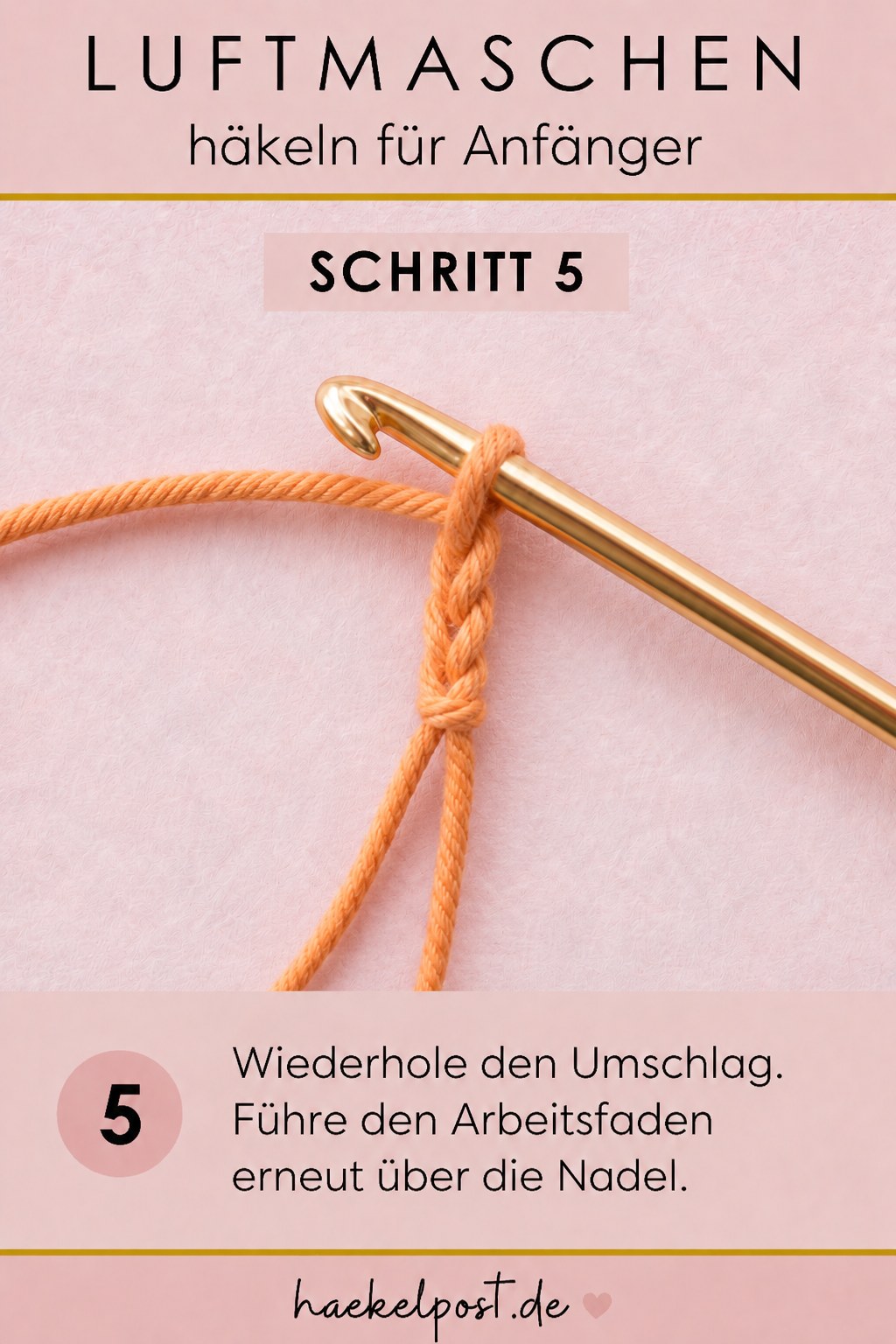 Nächster Umschlag beim Luftmaschen häkeln für Anfänger: der Faden liegt über der Nadel.