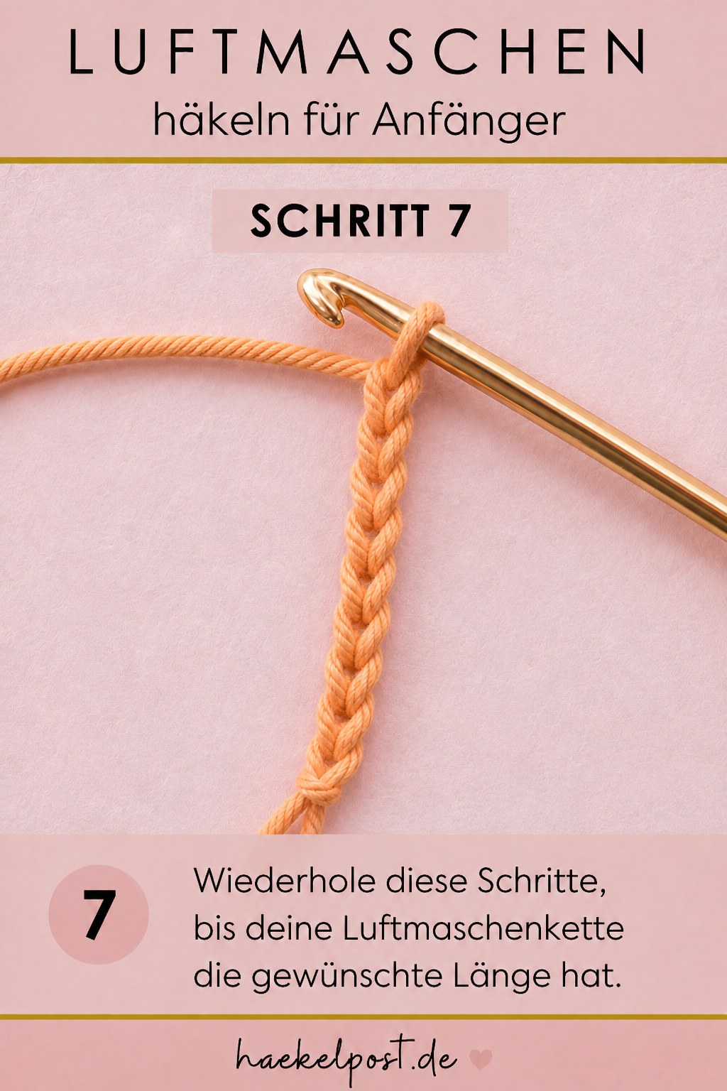 Die Luftmaschenkette wächst Reihe für Reihe, bis die gewünschte Länge erreicht ist.