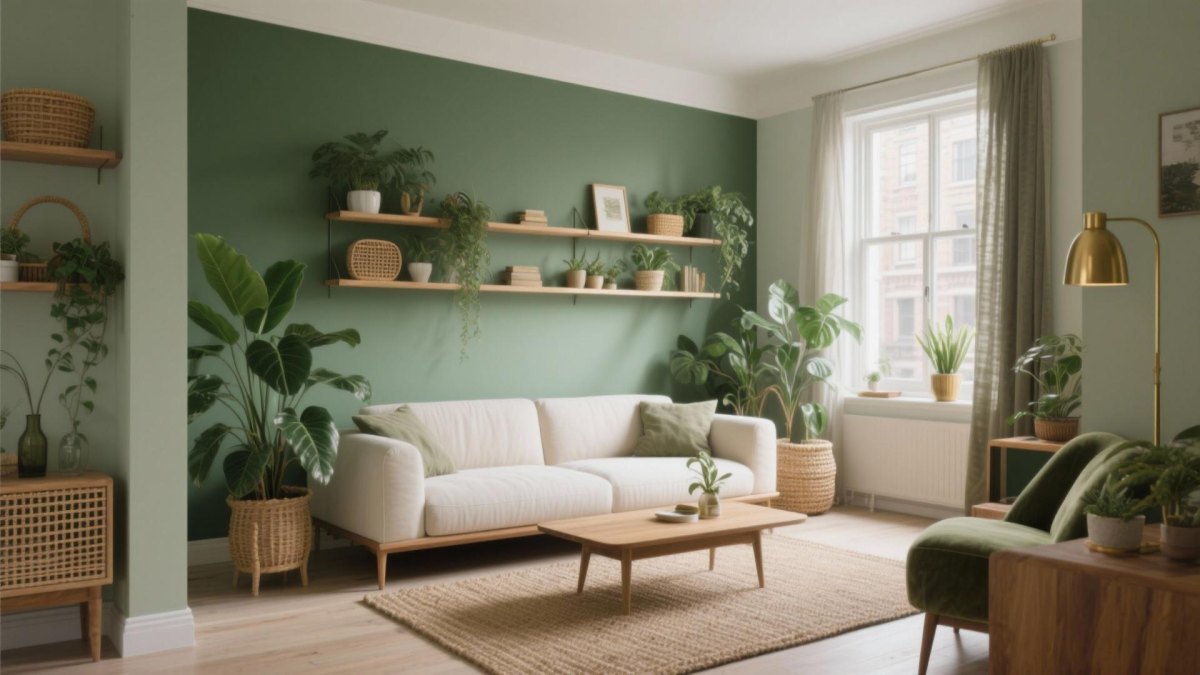 Wohnzimmer mit grüner Wandfarbe