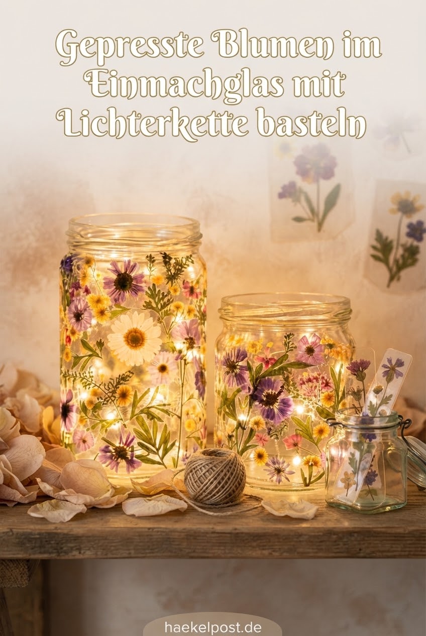 Gepresste Blumen im Einmachglas mit Lichterkette basteln